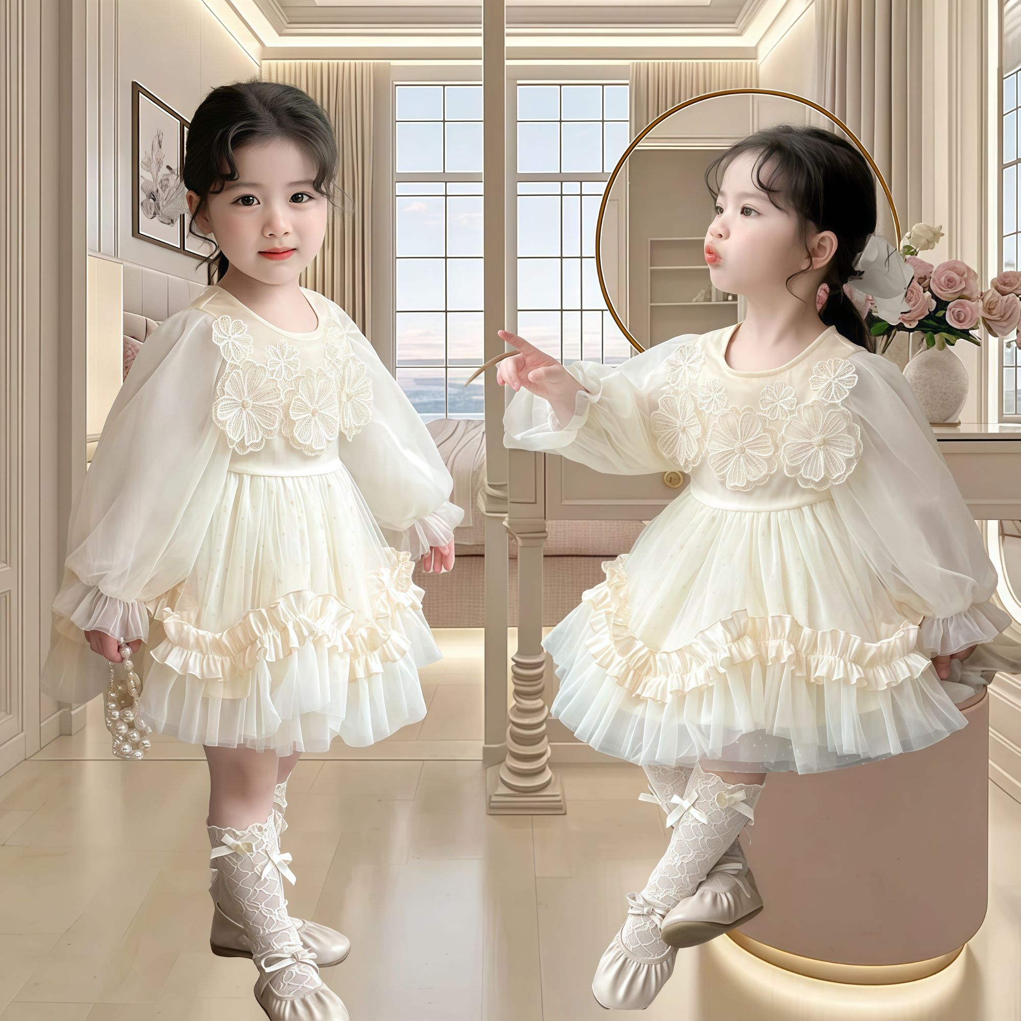 女宝宝春装连衣裙子儿童洋气韩系春秋款小女孩周岁礼服公主裙女童