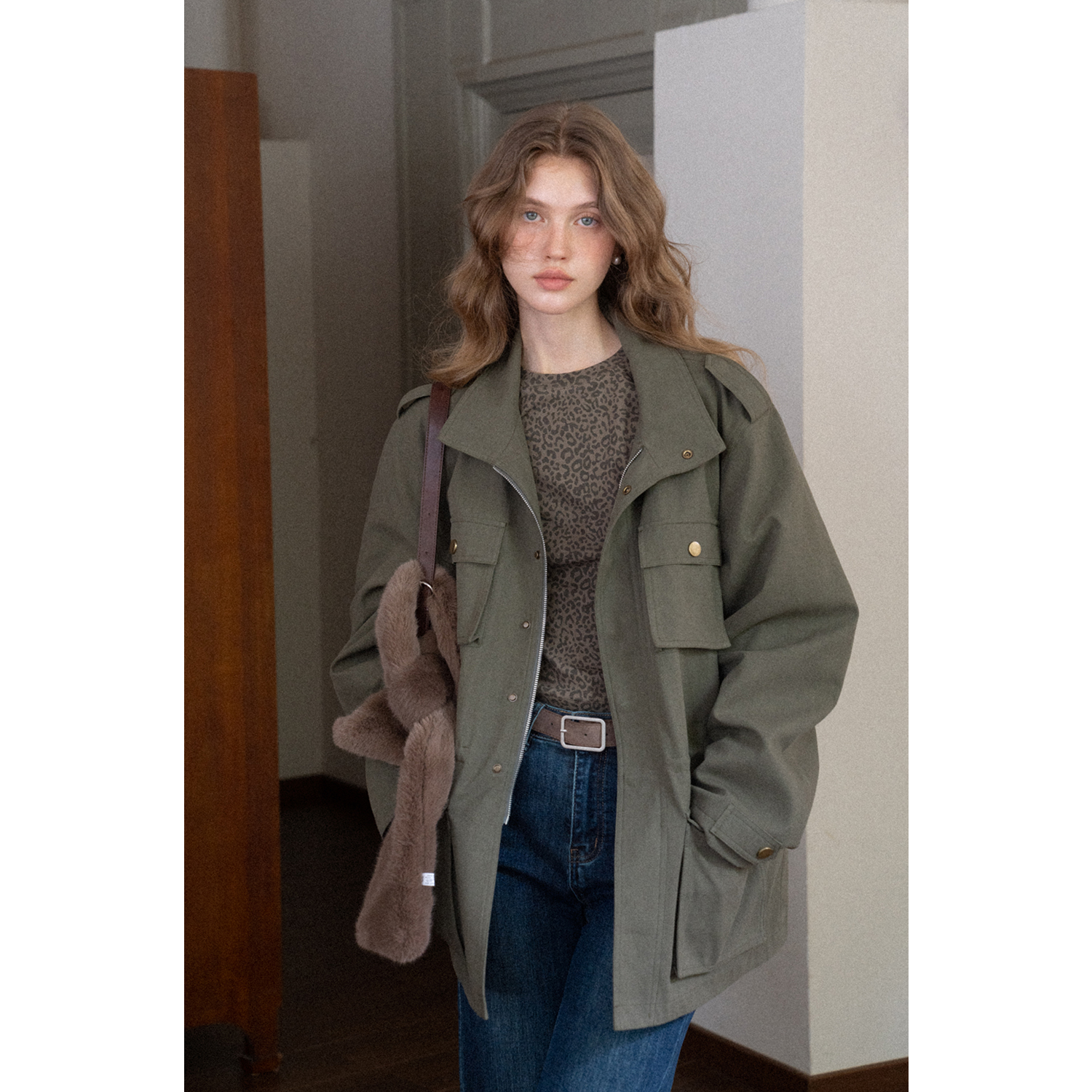 EGGKA【现现】绿色立领工装夹克外套夹棉拉链中长款上衣 E25C1018BK