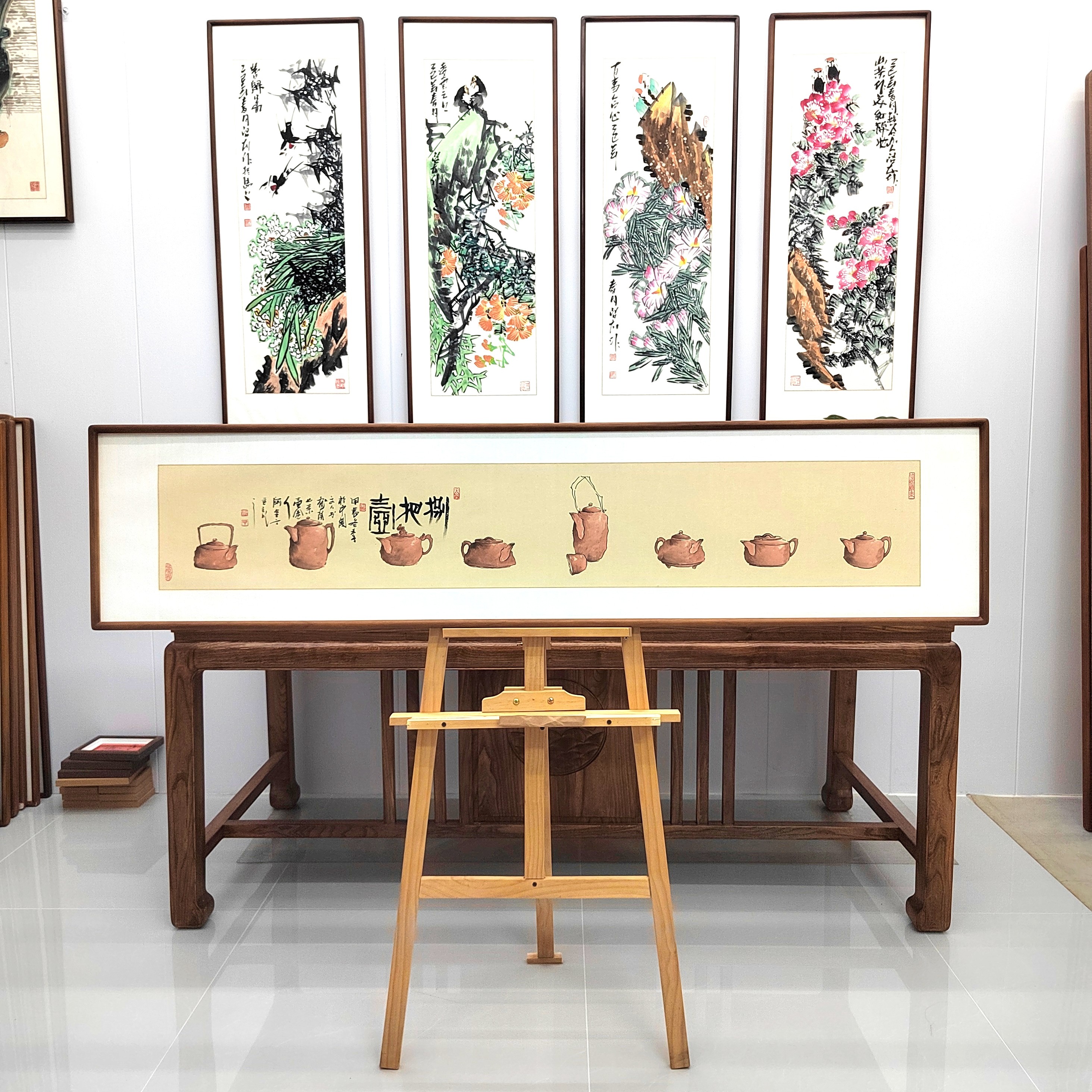 纯手绘国画茶壶《八把壶》160*35cm，取自麻将谐音把把糊，书房茶室挂