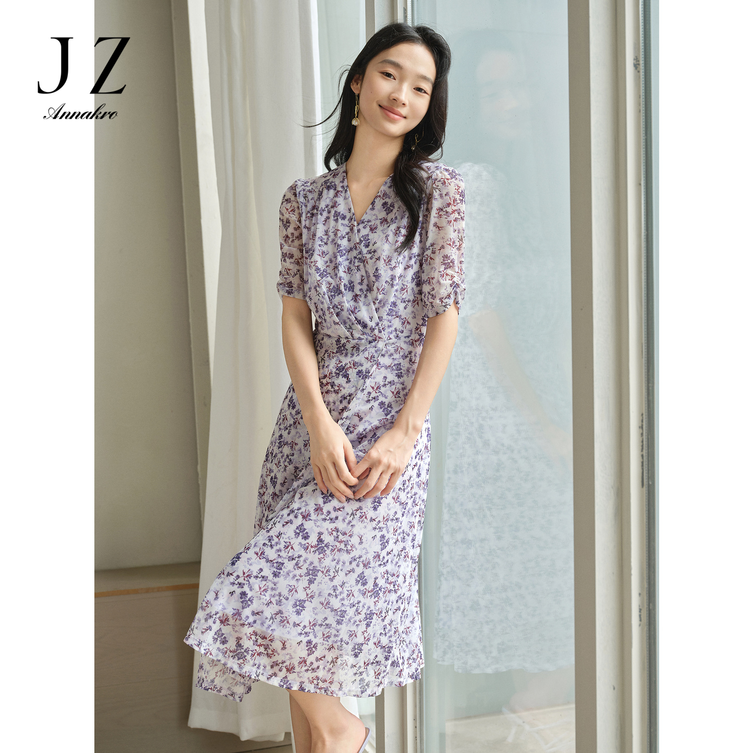 【丽公主专属】玖姿安娜蔻JTEX50099漫优雅印花压褶舒适纱罗围裹式