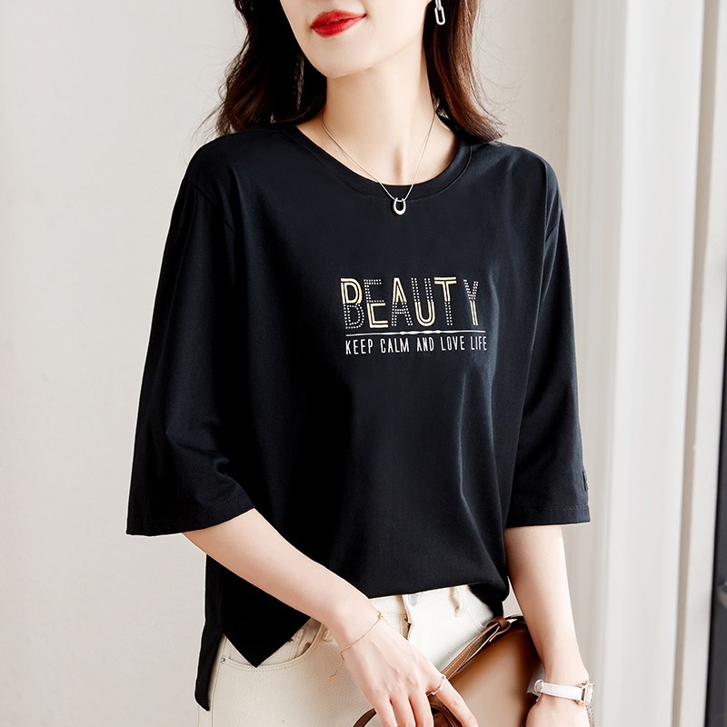 七分袖t恤女上衣2025年新款夏季宽松显瘦黑色洋气减龄中袖打底衫