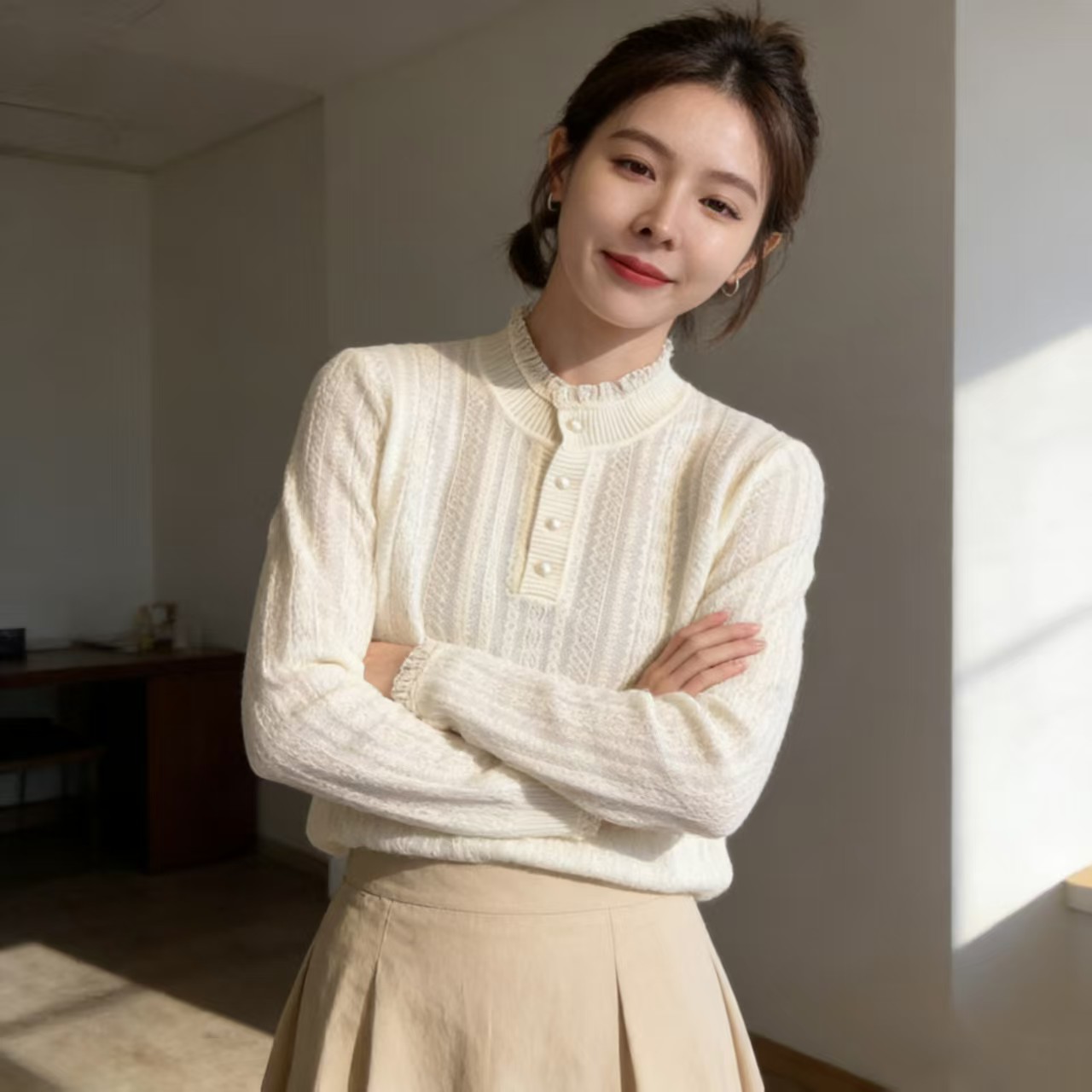 855法式半高领欧根纱针织蕾丝花边纽扣毛衣轻熟优雅风气质上衣