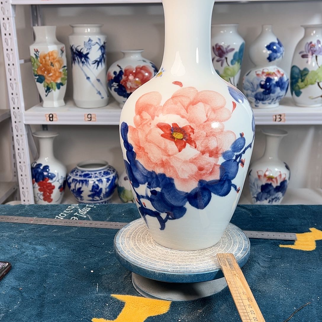 摆件景德镇陶瓷棒红牡花