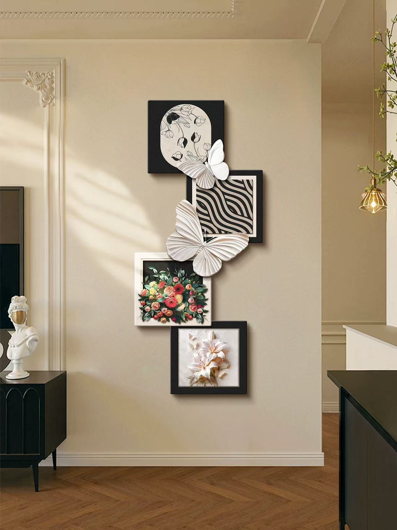 D289蝴蝶花卉卧室床头装饰意式极简玄关法式复古沙发挂画捡漏