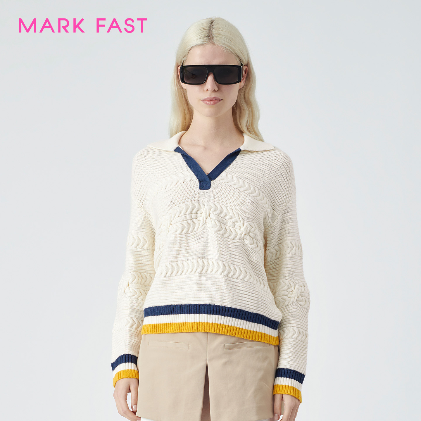 MARKFAST设计师品牌秋季休闲翻领撞色条纹针织套头衫女M1DAW02020