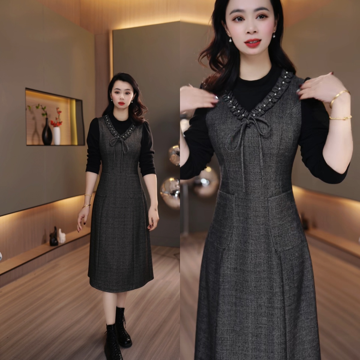 N上新高级灰连衣裙秋冬新款花边装饰设计洋气减龄显瘦气质打底