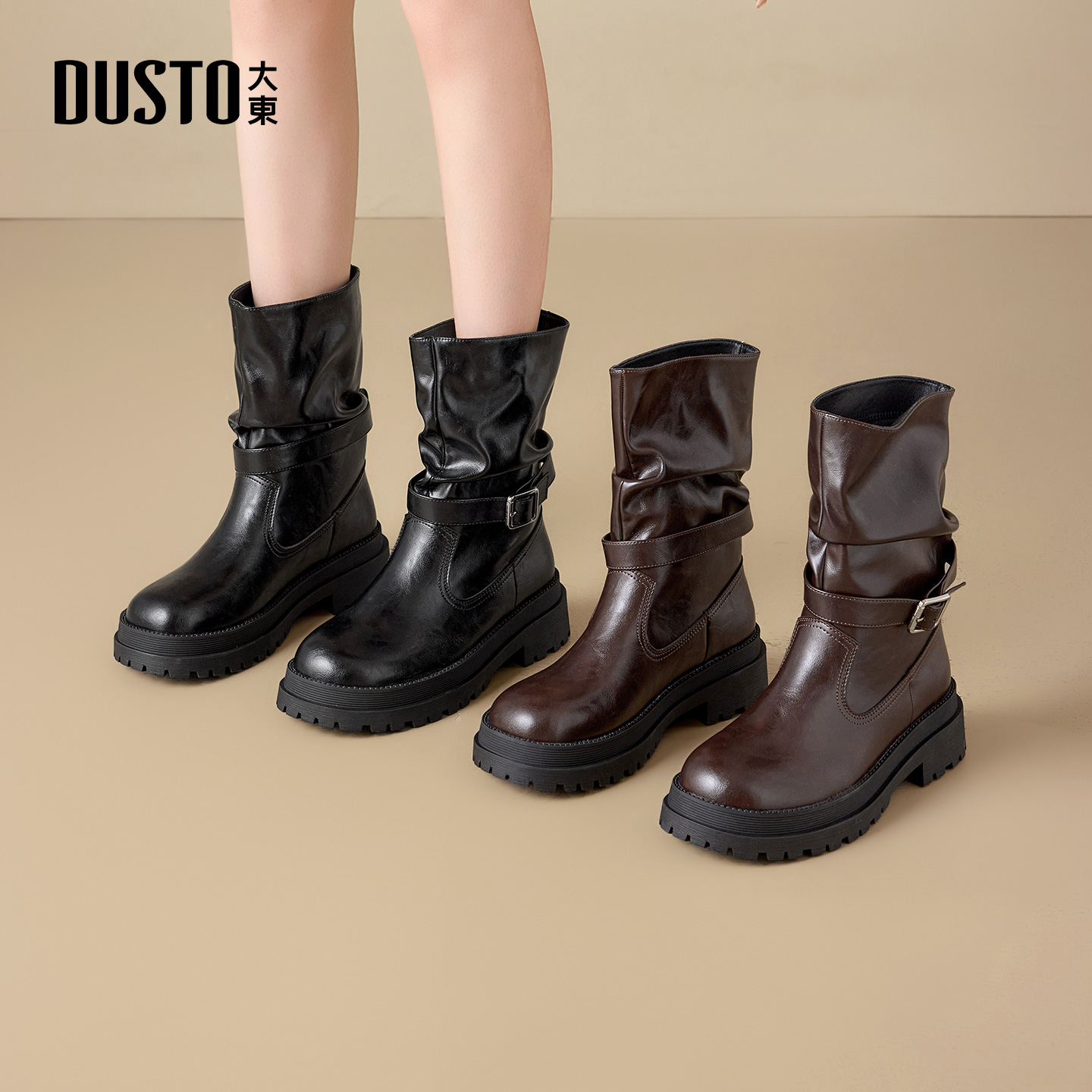 大东靴子女时尚短靴2025秋冬新款加绒保暖皮带扣厚底马丁靴00221