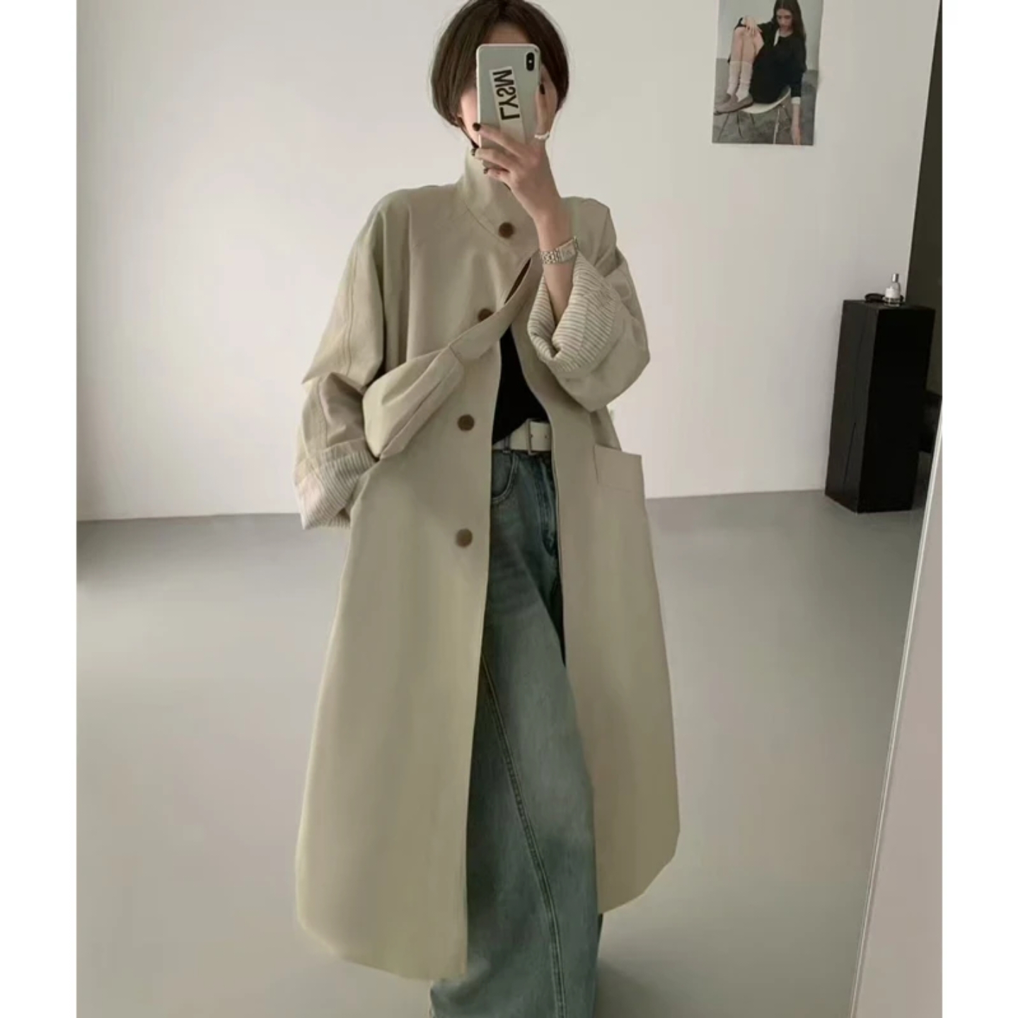 立领单排扣条纹翻袖中长款风衣外套女