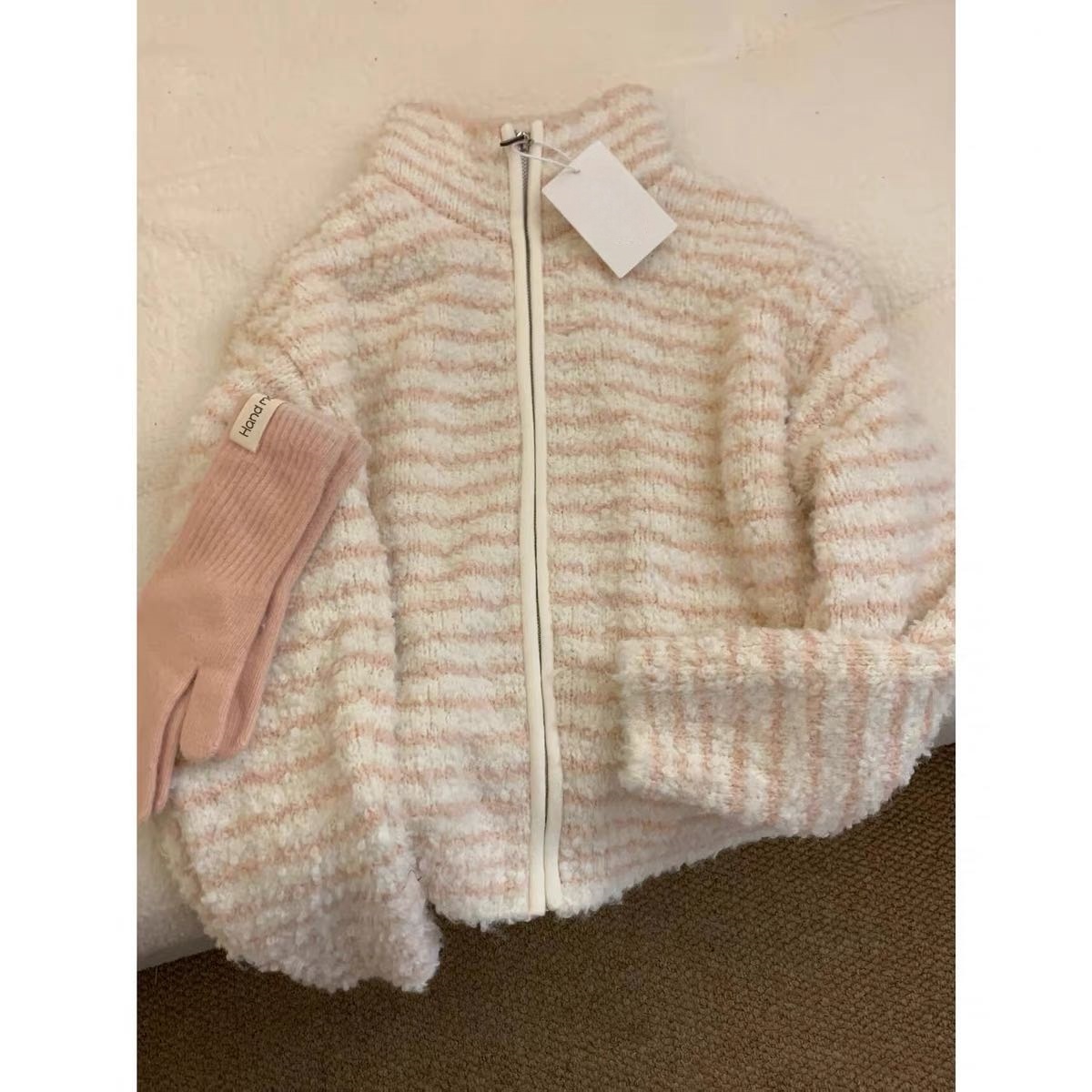 【粉白条纹糯感外套】百搭休闲粉白条纹软糯圈圈纱拉链外套667