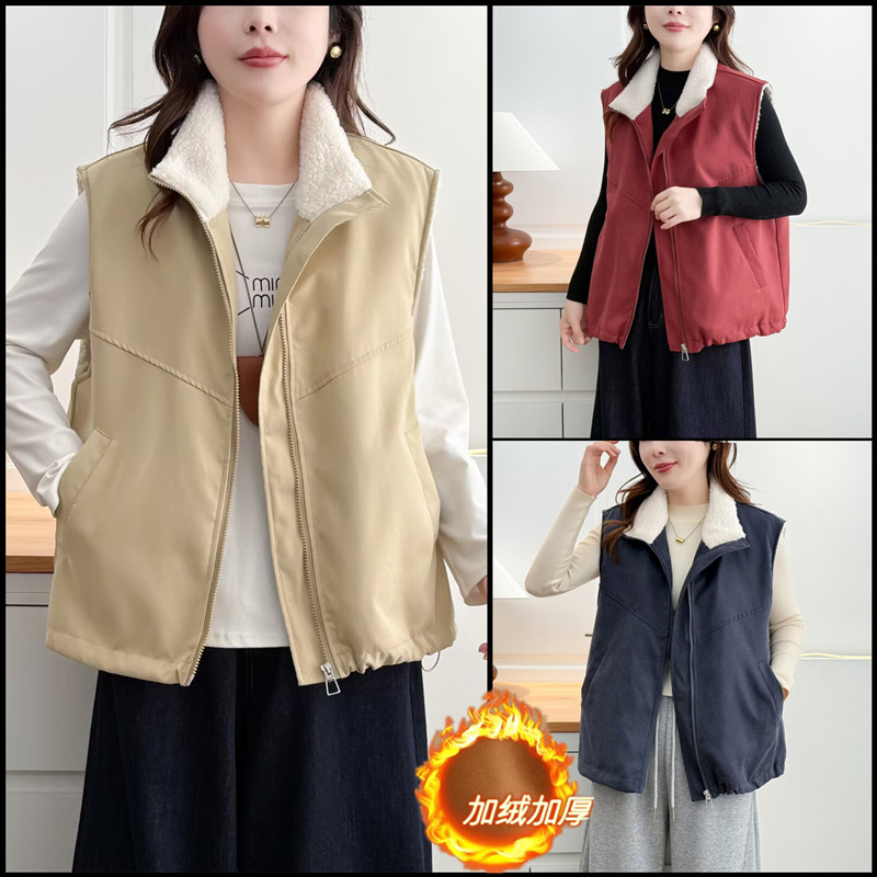 大码女装胖mm冬季百搭显瘦加绒马夹坎肩棉衣外套休闲宽松立领马甲