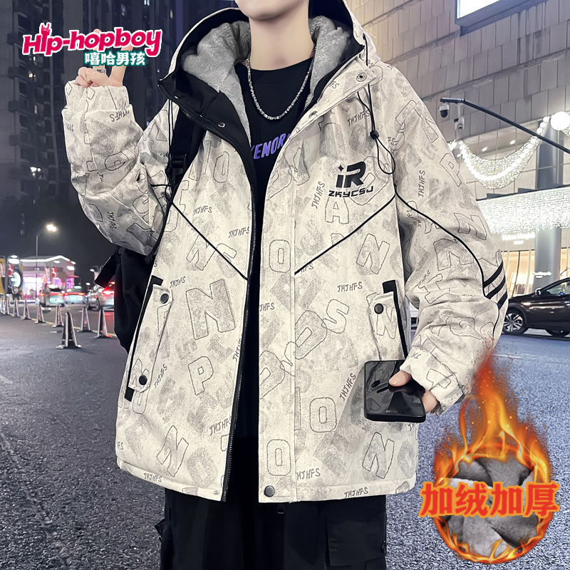 嘻哈男孩连帽加绒保暖男士秋冬印花连帽夹克潮流男装上衣外套