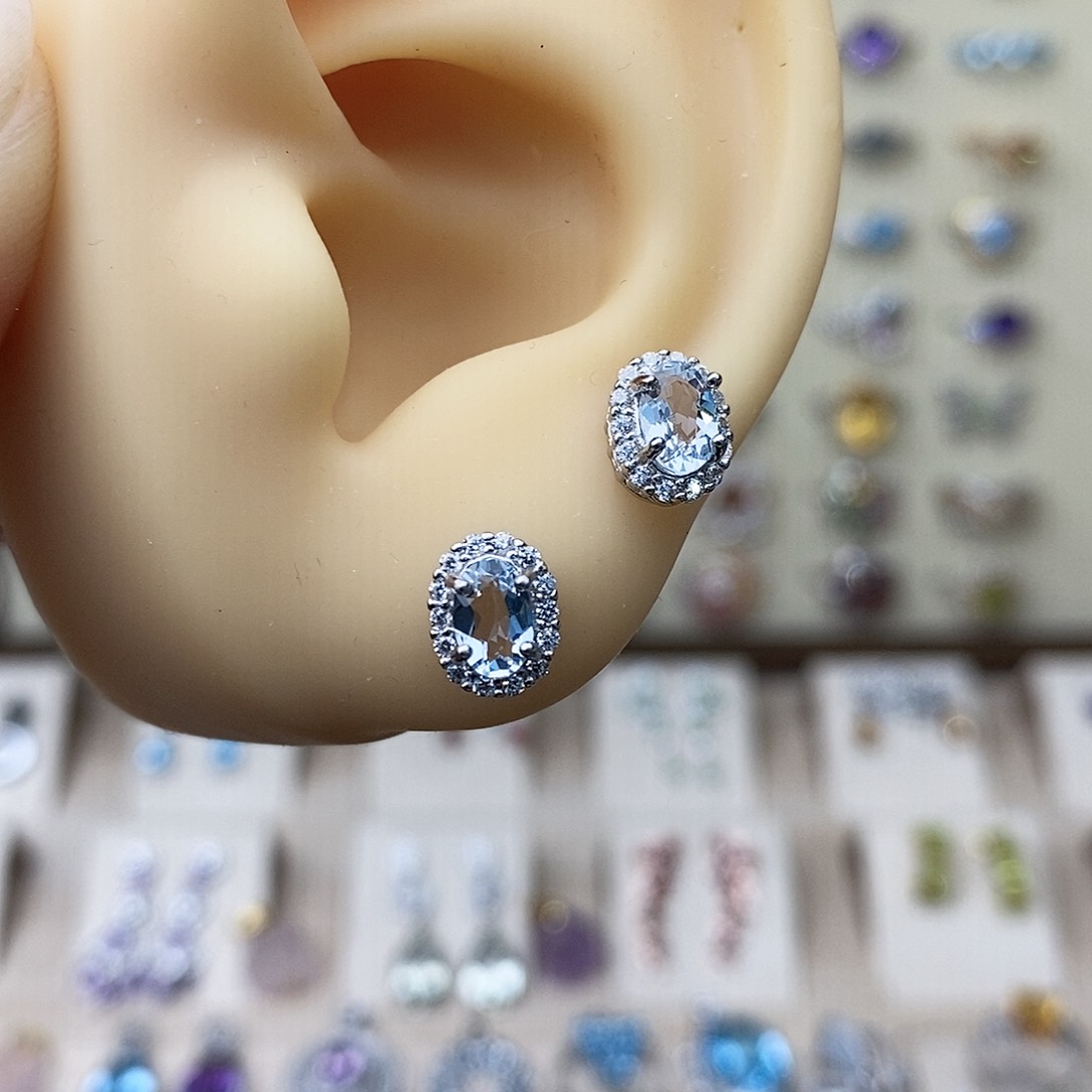 海蓝宝石耳钉银S925镶嵌需要证书备注