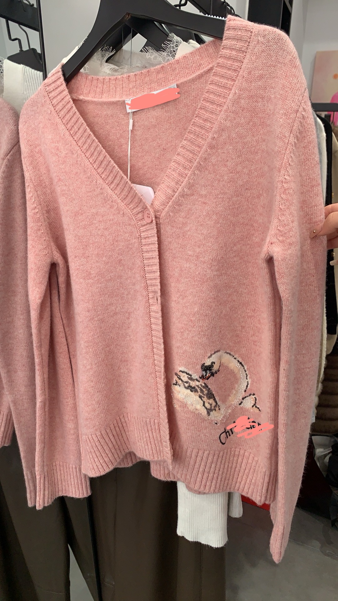 阿蛇 粉色小天鹅 休闲毛针织衫毛衣针织春秋V领毛衣厚款