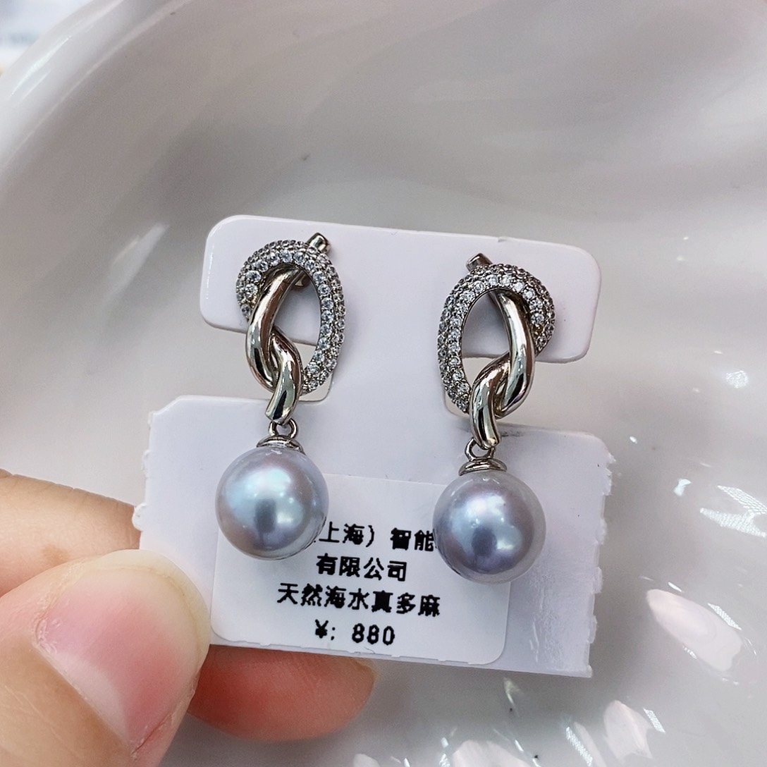 银S925镶嵌特价正圆真多麻耳饰海水珍珠