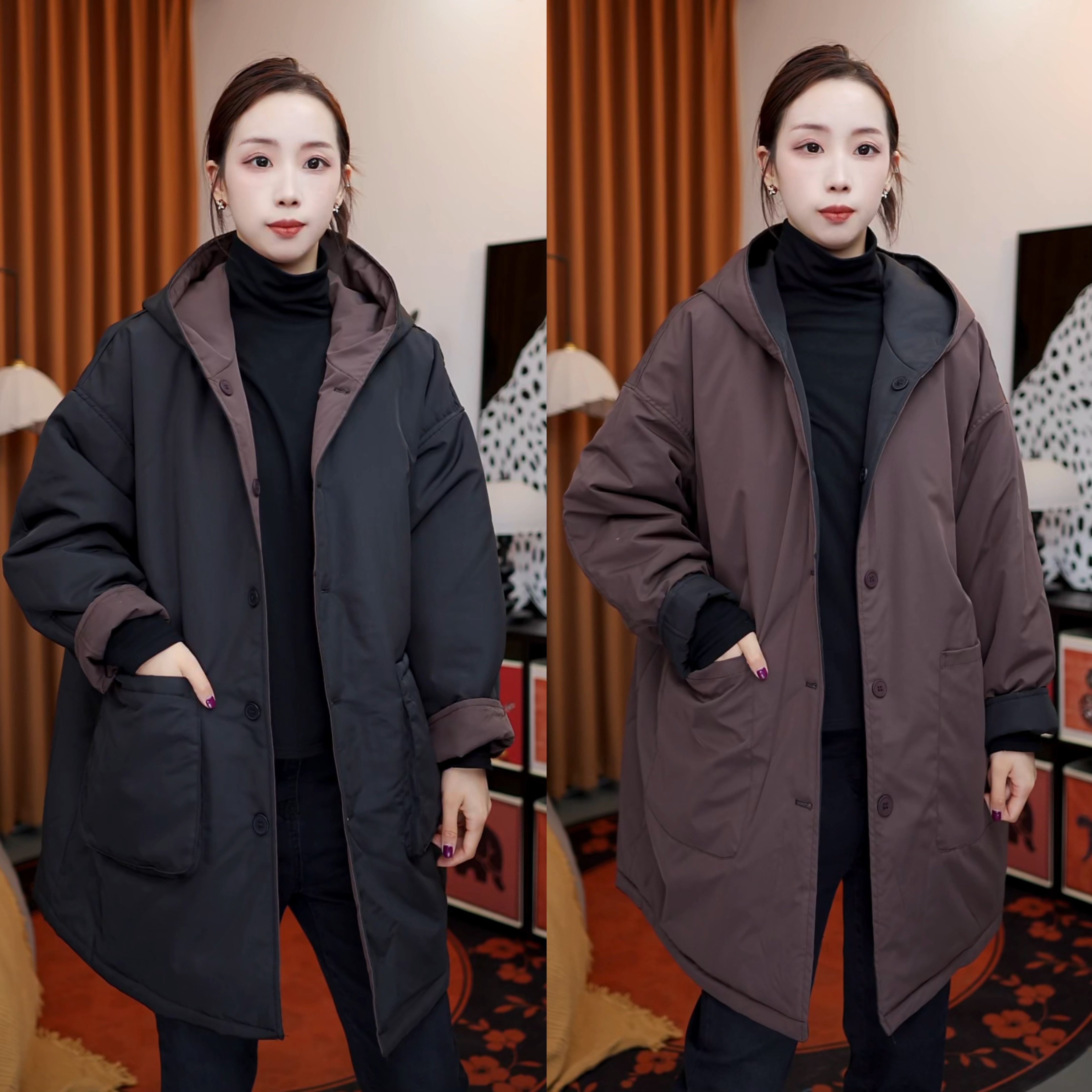 【双面双穿】连帽中长款棉服加厚冬季女装显瘦网红休闲百搭宽松保暖