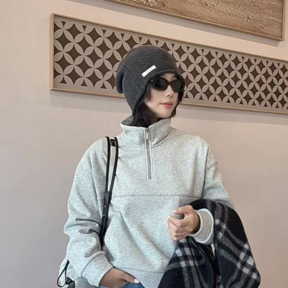 张妍LUNA 韩风小立领半拉链宽松廓形落肩袖时尚百搭卫衣92884