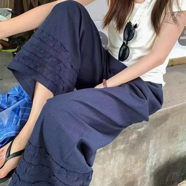 【花漾阶梯】9915松弛感木耳边夏日百搭松紧阔腿垂感九分休闲裤子