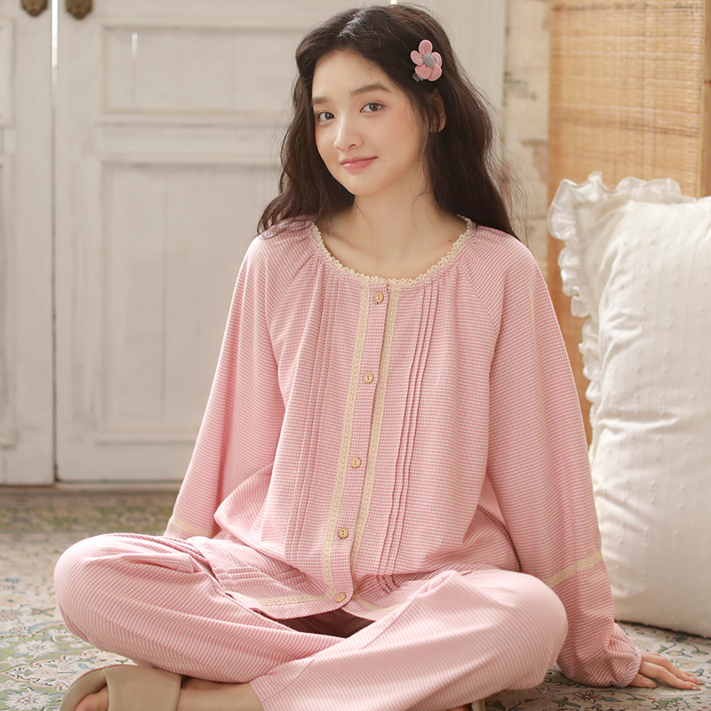 秋冬女士纯棉磨毛花边格子长袖可外穿宽松家居服睡衣套装258591