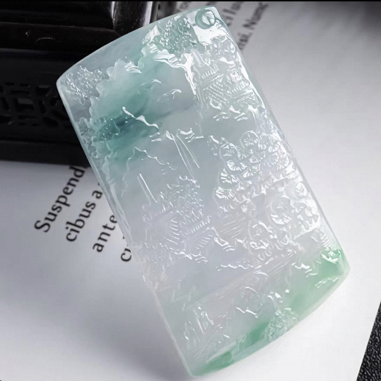 天然翡翠A货手工精雕冰糯种飘花飘绿高山流水吊坠尺寸63.1-39-6.5