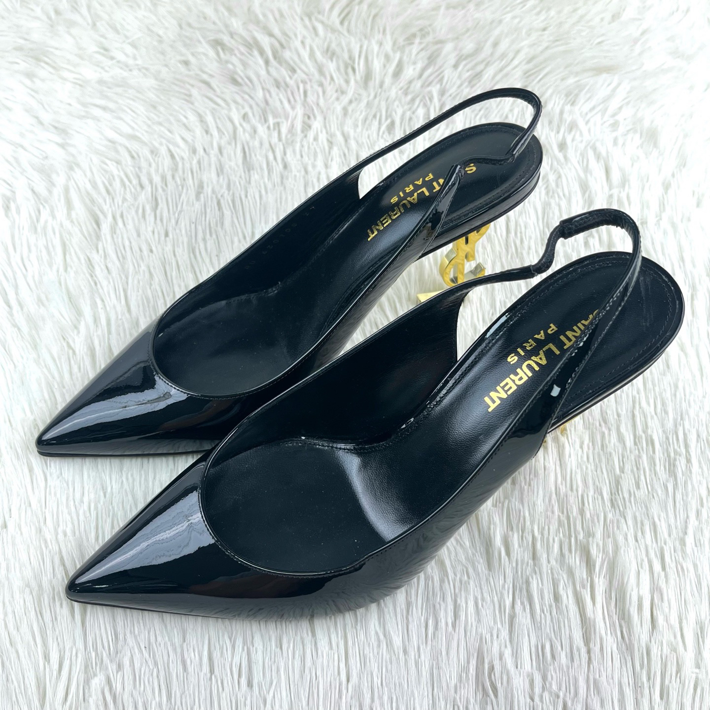 未使用 YSL/圣罗兰 金色鞋跟黑色漆皮绑带高跟鞋37码 咩