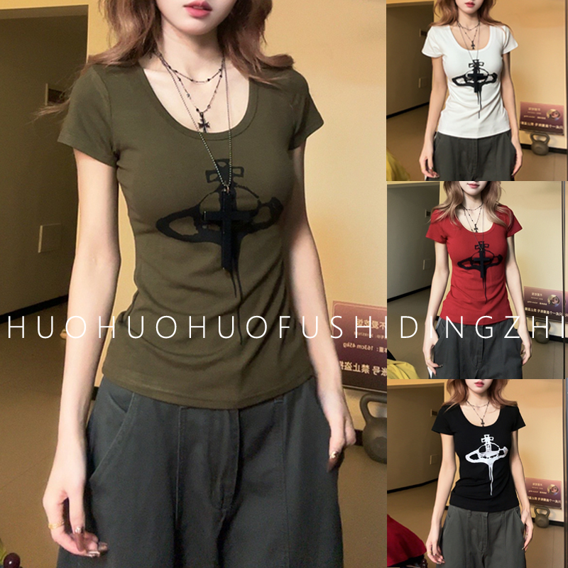 2025夏季新款印花u领设计感修身显瘦上衣韩版辣妹性感t恤6819