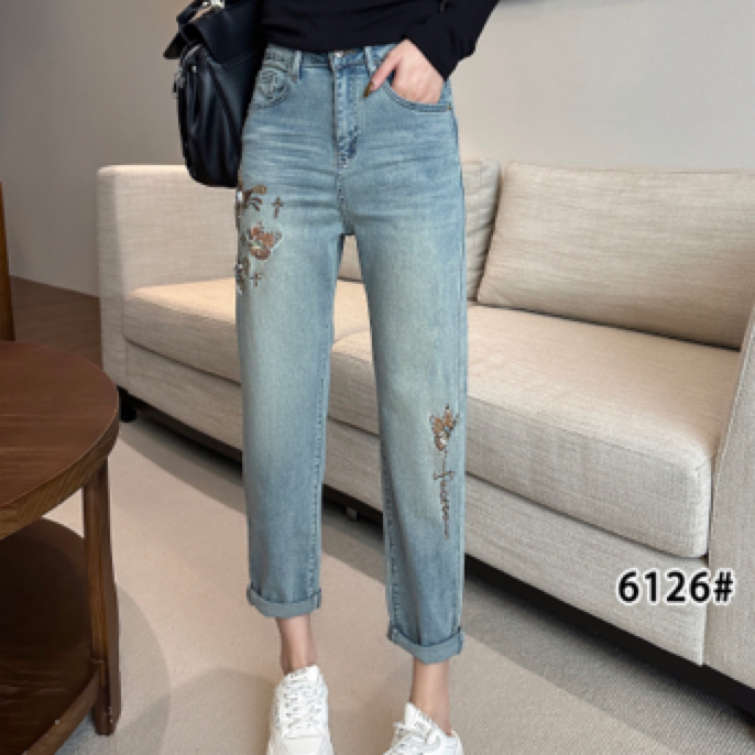 【晗永芳】6126春欧货重工艺蝴蝶垮裤高腰弹力哈伦牛仔裤九分小个子