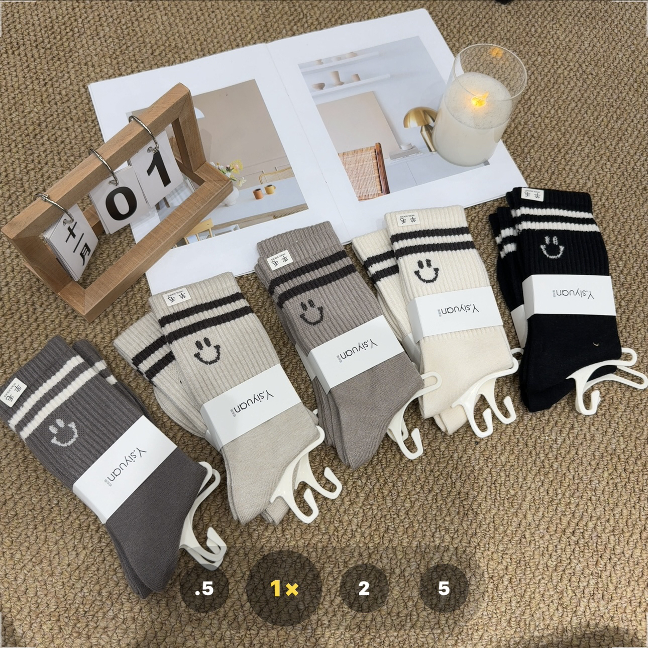 【七安倩】双杠笑脸中筒袜（5双装）