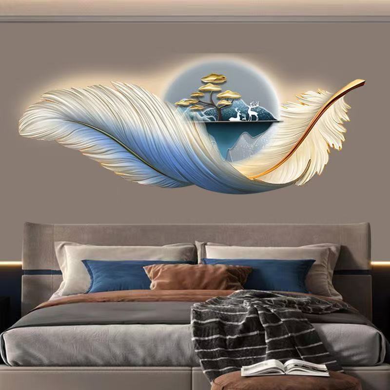 羽毛卧室床头装饰画可做LED灯光背景墙轻奢壁画挂画