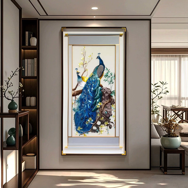 织锦玄关孔雀刺绣挂画客厅走廊简约过道苏绣装饰画新中式入户壁画