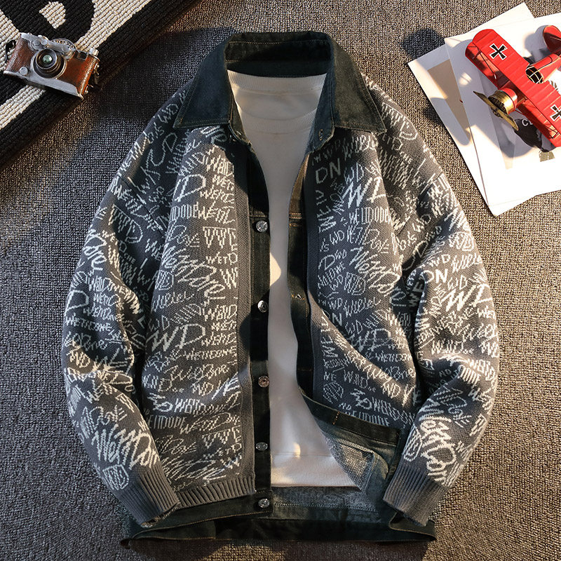 宽松美式复古男士假两件秋冬毛衣秋季拼接秋冬季春秋针织衫Y1132