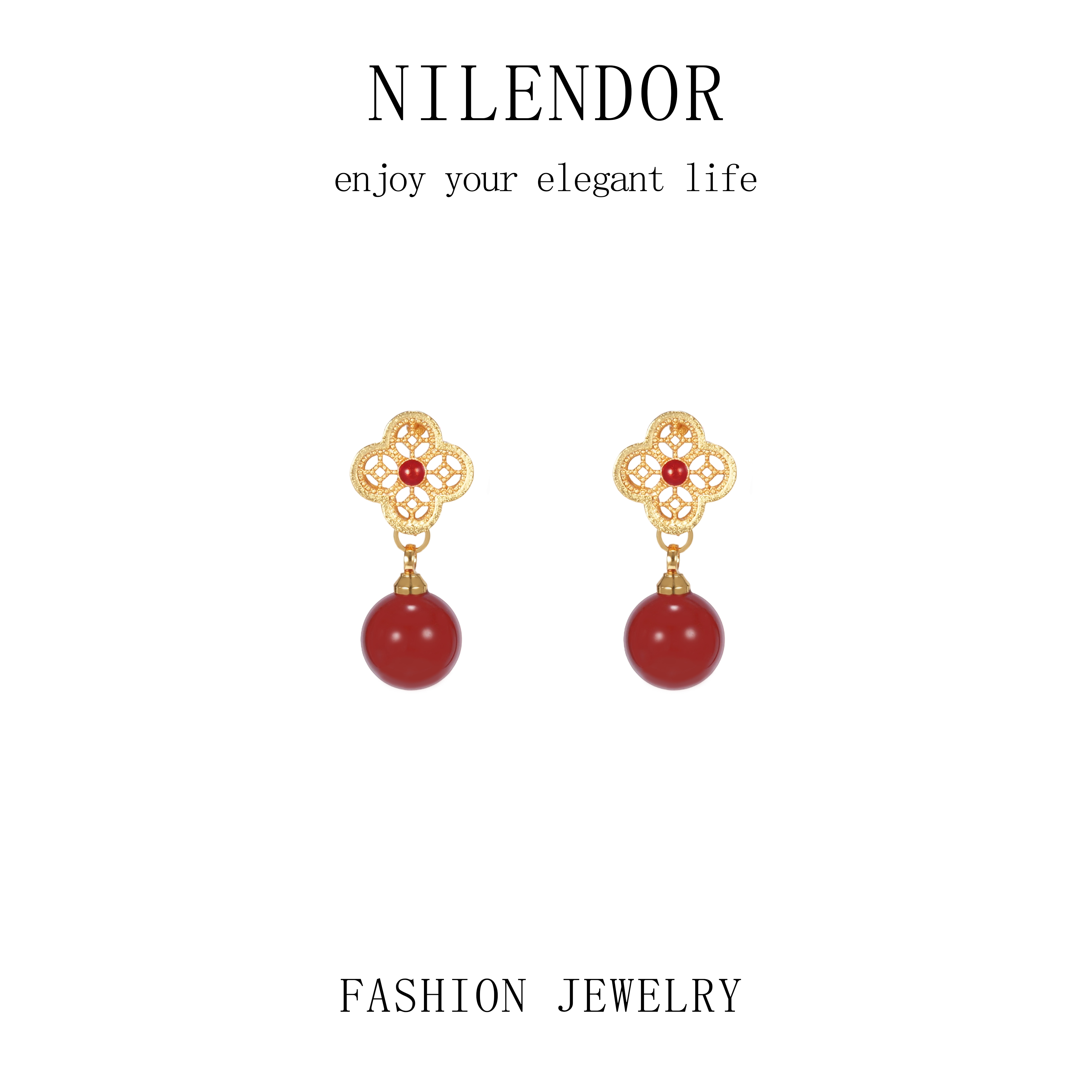 铜合金合成锆石耳饰 ES-474时尚铜钱窗镂空红色珠珠耳饰