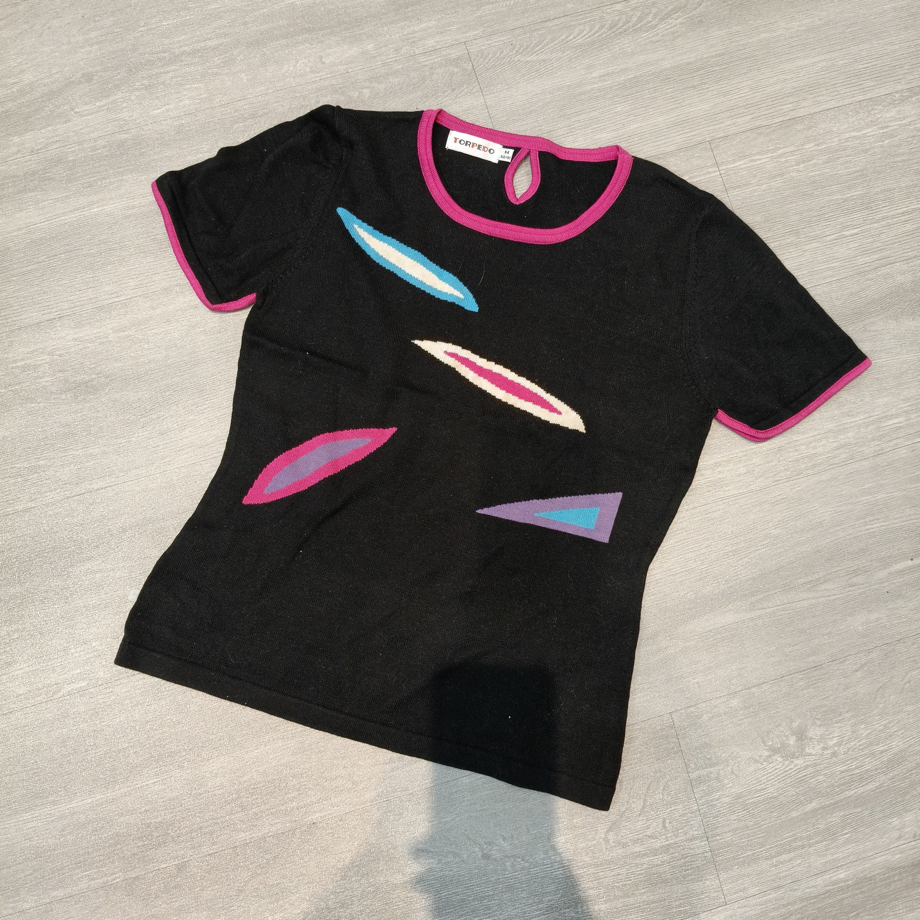 圆领撞色后镂空（瑕疵）毛针织衫短袖T恤-果梓763
