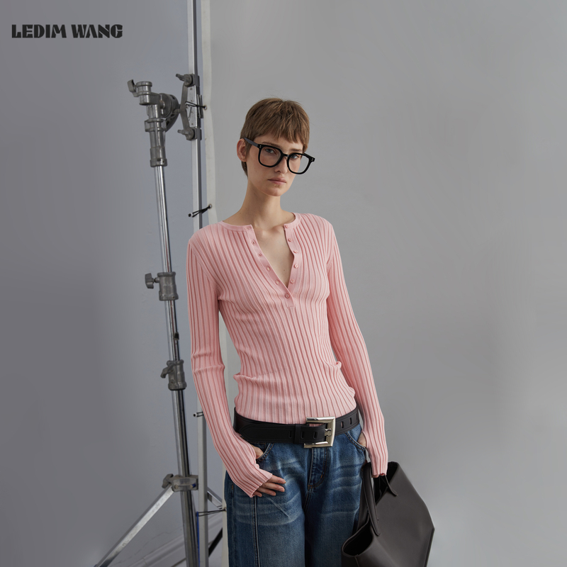 LEDIM WANG白标/修身亨利领毛针织衫女25冬季新款粉色打底衫