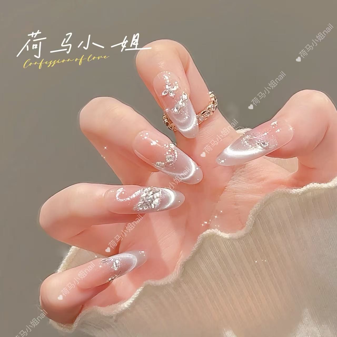 【天鹅湖】高级纯欲珍珠蝴蝶猫眼显白爆闪手工穿戴甲美甲贴片