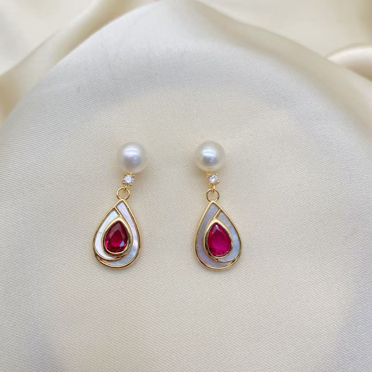 LH022[鸽血红美人泪珍珠耳饰]气质时尚百搭复古红色精致优雅镶嵌