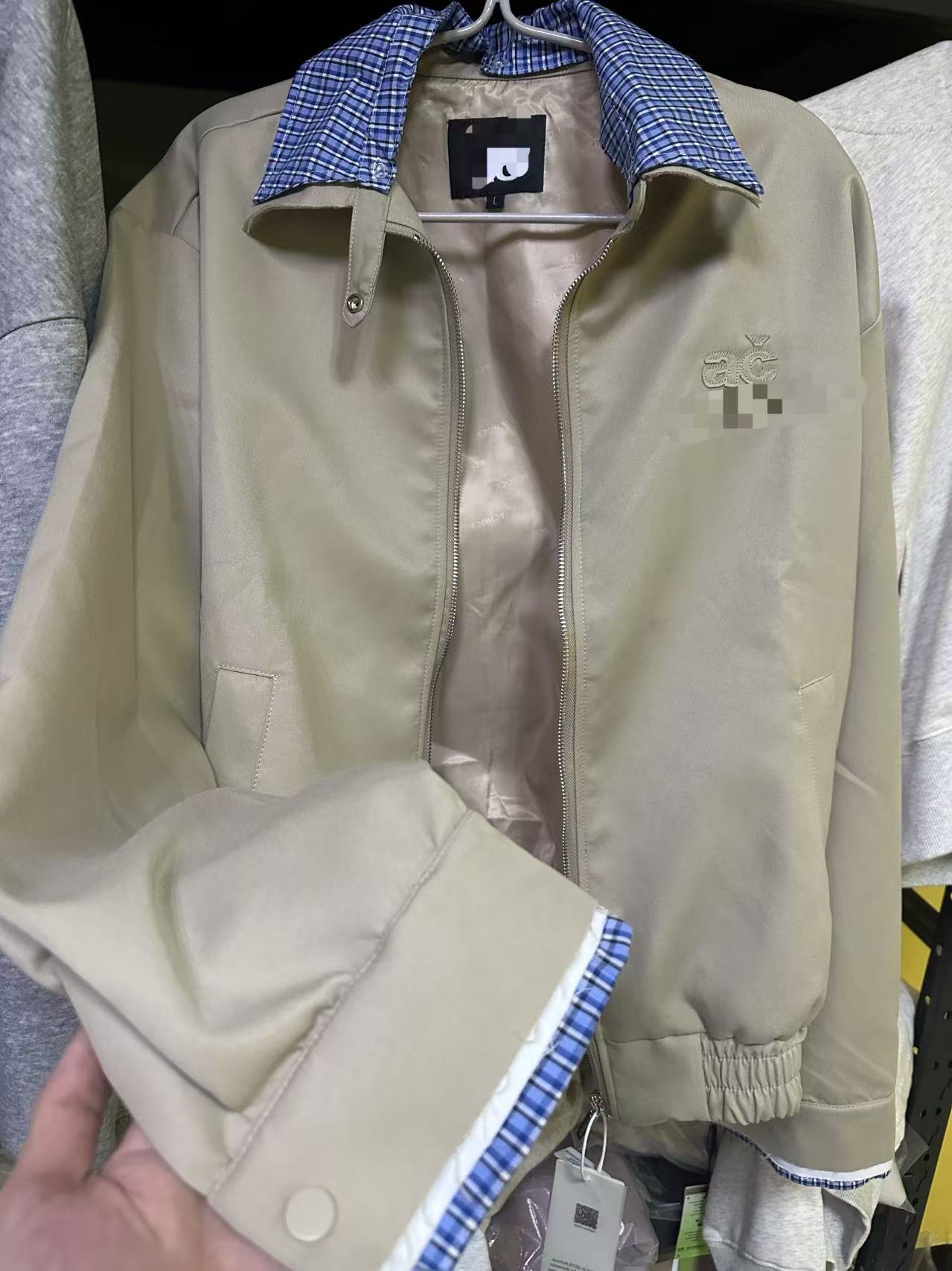 德福AC家复古翻领格子拼接夹克