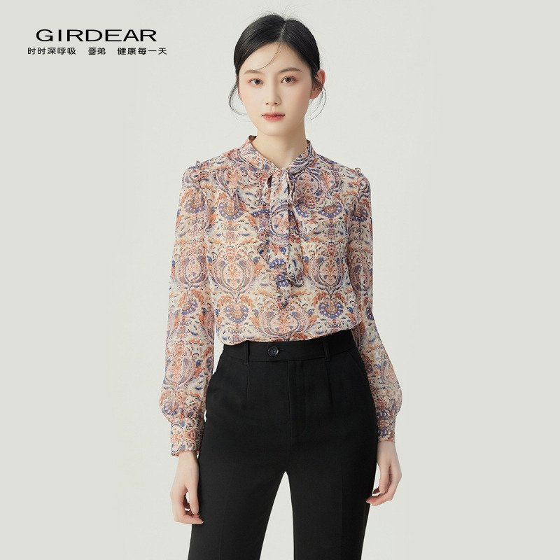 GIRDEAR/哥弟小衫气质春夏长袖印花职业长袖女士衬衫法式1300982