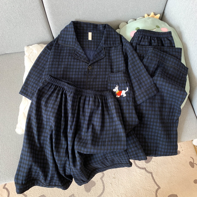 腊肠狗情侣款睡衣女格子短袖三件套夏季宽松大码家居服可外穿套装