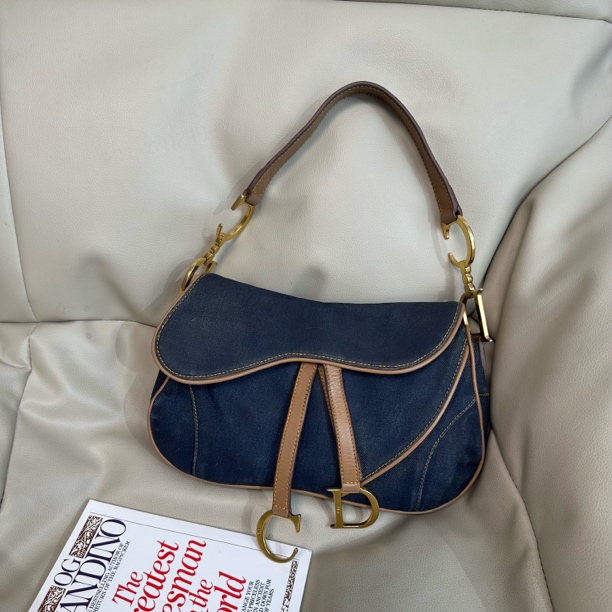 95新 DIOR/迪奥 复古牛仔CD LOGO马鞍单肩包