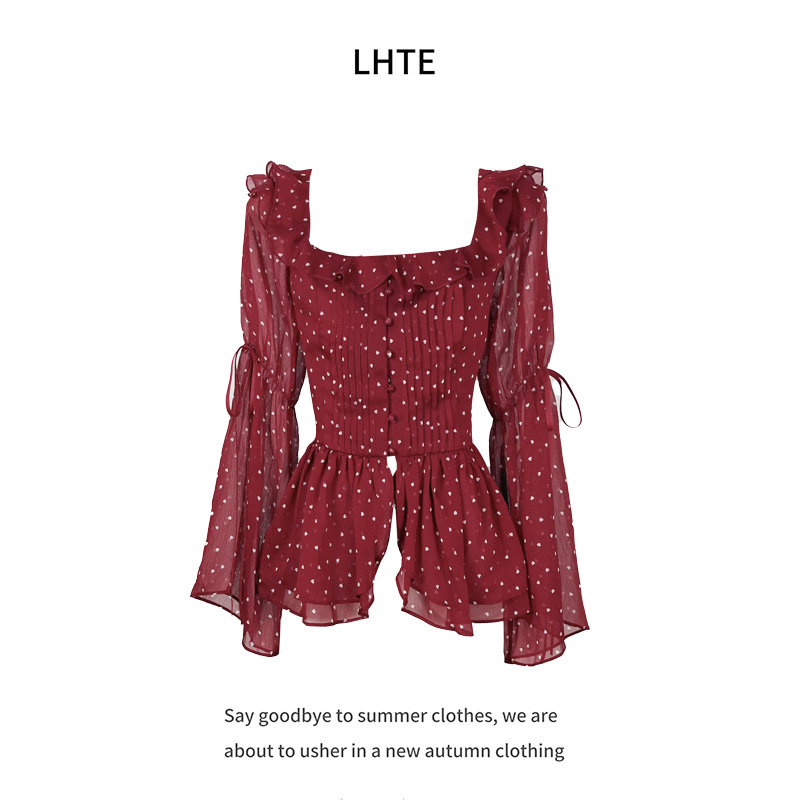 青青大码女装 树莓荷叶边复古波点芳龄收腰显瘦红色长袖上衣C6210