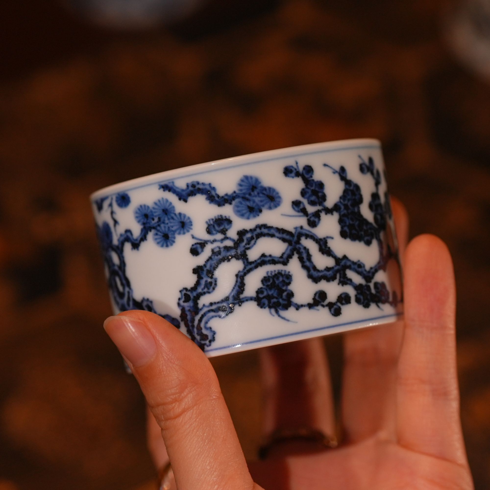 松风馆 仿明永宣青花松竹梅直口杯手工手绘景德镇陶瓷喝茶主人杯