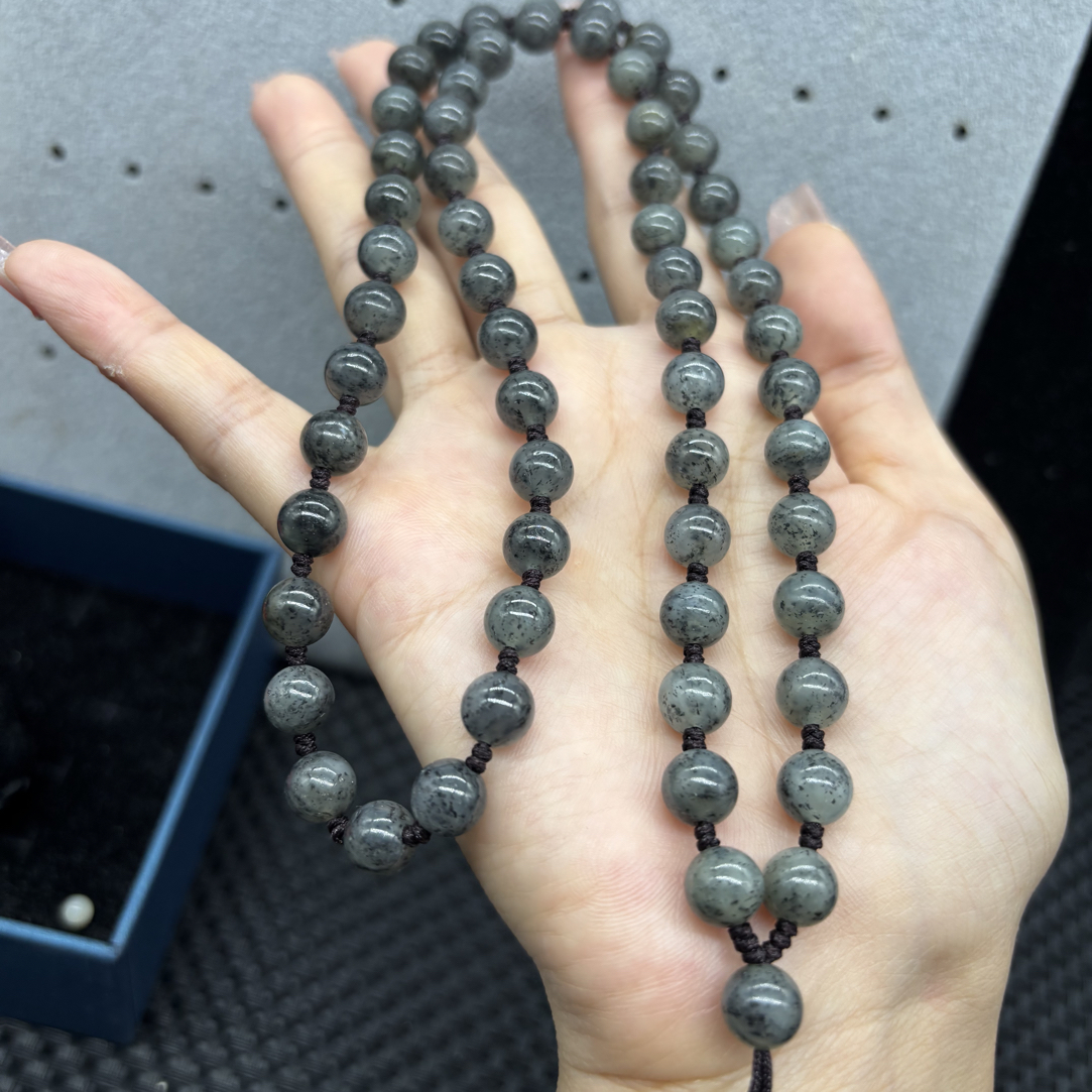 保真天然新疆和田玉点墨青花圆珠8mm玉石吊坠绳毛衣链长链文艺范