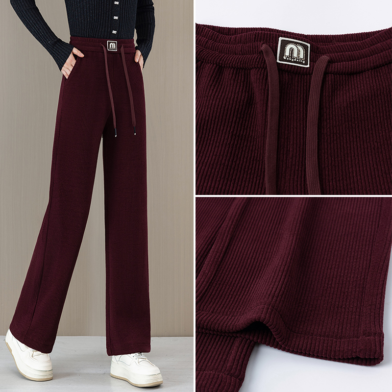 莫尔绒秋冬加厚阔腿高腰时尚直筒裤显瘦保暖百搭窄版女裤垂感M标