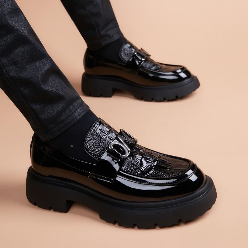 夏季真皮商务休闲皮鞋青年潮流增高英伦风软底透气一脚蹬厚底男鞋