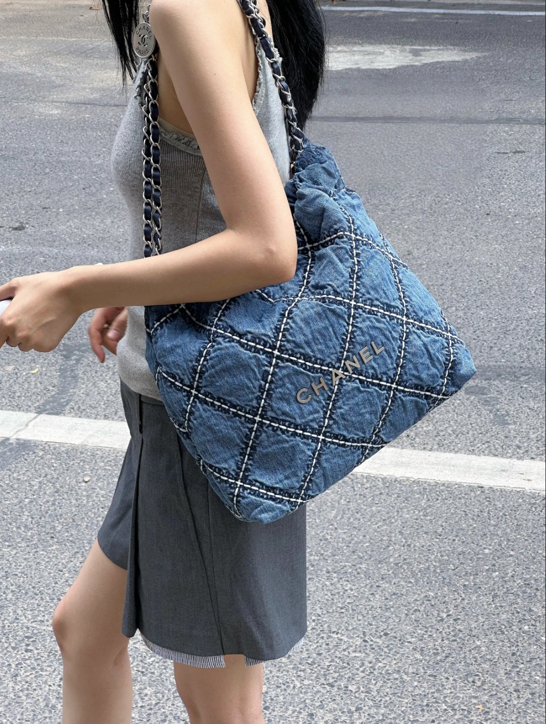 95新 Chanel/香奈儿 7615 蓝色牛仔外缝线22bag垃圾袋小号芯片款