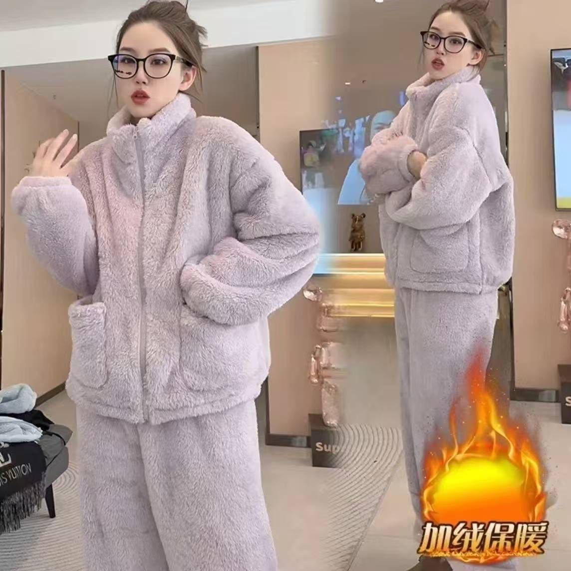 2025款冬季睡衣女士时尚保暖休闲拉链款珊瑚绒家居服套装可外穿