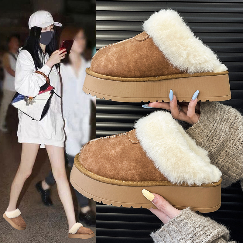 毛毛拖鞋女外穿2025冬季新款皮毛一体雪地靴厚底加绒松糕包头棉拖