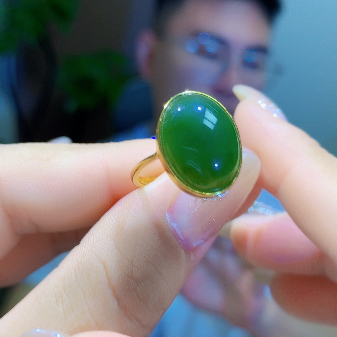 和田玉（碧玉）戒指银S925镀金镶嵌