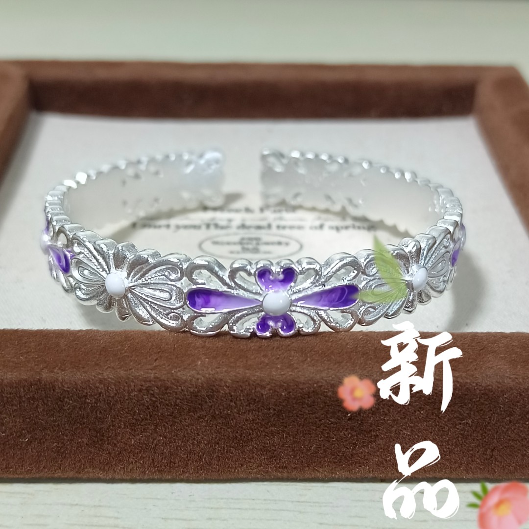 足银手镯 35号-珐琅紫蝴蝶银手镯【闭口】手镯