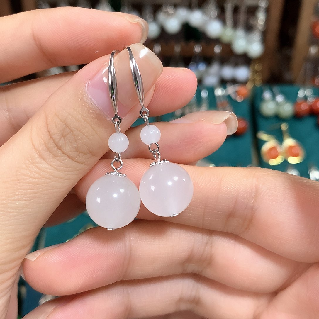 石英质玉（金丝玉）耳饰银S925镶嵌卡12mm左右